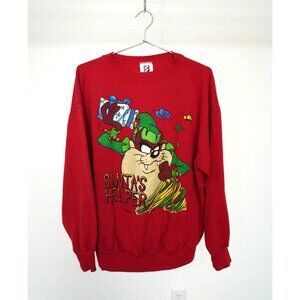 Vintage 90s Signal Tazmania Santa's Helper Christmas Pullover Sweatshirt Red XL